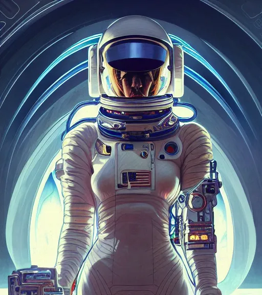 Image similar to psychoslayer, woman astronaut, intricate abstract. being entered by machine, portrait, highly detailed, deep focus, elegant, illuminated, elegant, highly detailed, digital painting, artstation, concept art, smooth, sharp focus, illustration, art by artgerm and greg rutkowski and alphonse mucha