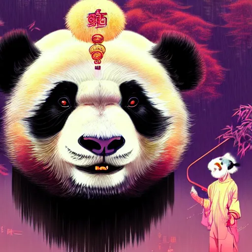 Image similar to a beautiful hyperdetailed character design 4 k wallpaper illustration of a cute panda with a chinese lion dance head victo ngai cyberpunk style, from china, style of studio ghibli, makoto shinkai, raphael lacoste, louis comfort tiffany, artgerm, james jean, ross tran, chinese style