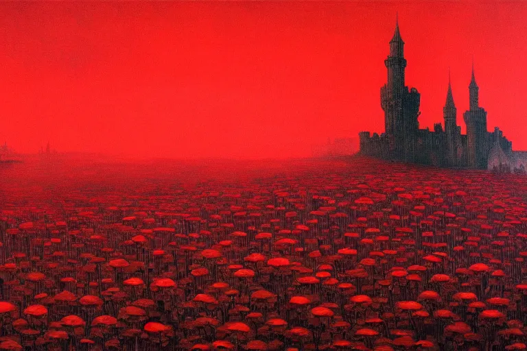 Image similar to only with red, red flowers of different types, red castle in background, red medieval goblins, in the style of beksinski, parts by edward hopper, parts by rodcenko, parts by yue minjun, intricate and epic composition, red by caravaggio, insanely quality, highly detailed, masterpiece, red light, artstation, 4 k