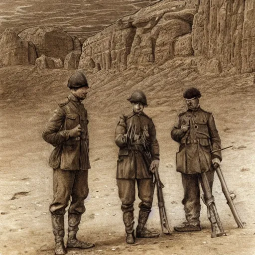 Image similar to ultra detailed photorealistic sepia - toned painting from 1 9 1 7, three british soldiers standing at an archaeological dig site in wadi rum, ultra realistic, painted, intricate details, epic, lovecraft, atmospheric, dark, horror, brooding, highly detailed, by dave dorman