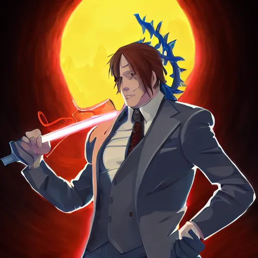 Image similar to portrait of saul goodman wielding the element of blade magecraft, wind, anime fantasy illustration by tomoyuki yamasaki, kyoto studio, madhouse, ufotable, trending on artstation