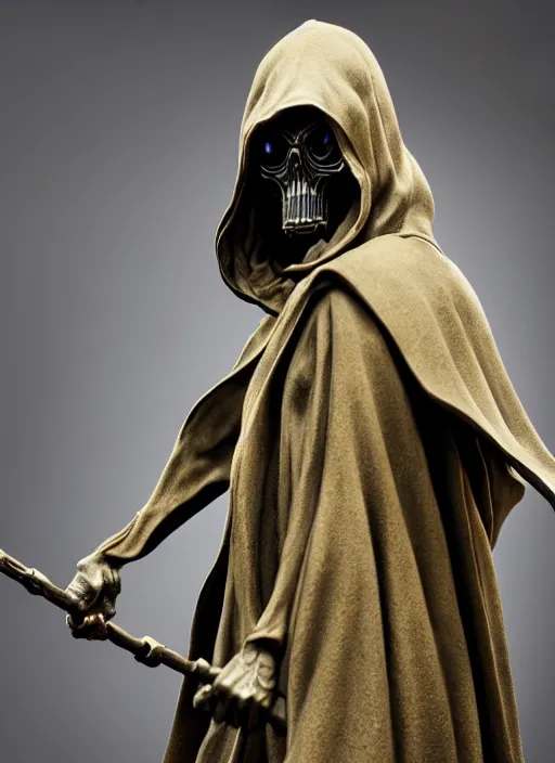 Prompt: photo taken of an epic intricate, ultra detailed, super realistic sculpture of a timeless hooded grim reaper sculpture on display in a workshop, created by weta, low angle, photorealistic, sharp focus, f 0. 4, golden ratio
