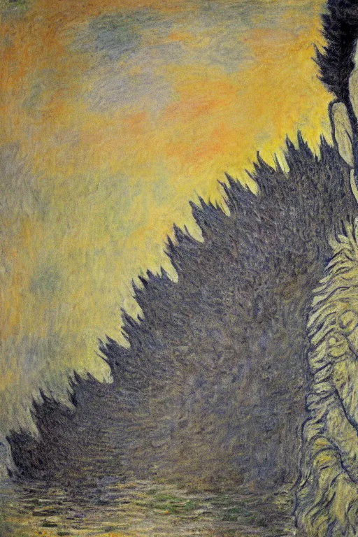 Prompt: portrait of shinzo abe face on Godzilla painting by claude monet
