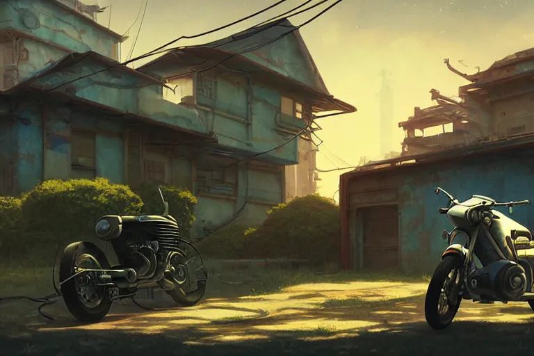 Prompt: retro futuristic science fiction motorcycle parked in front of a dilapidated old house, medium shot, studio Ghibli, Pixar and Disney animation, sharp, very detailed, high resolution, Rendered in Unreal Engine 5, anime key art by Greg Rutkowski, Bloom, dramatic lighting, colorful