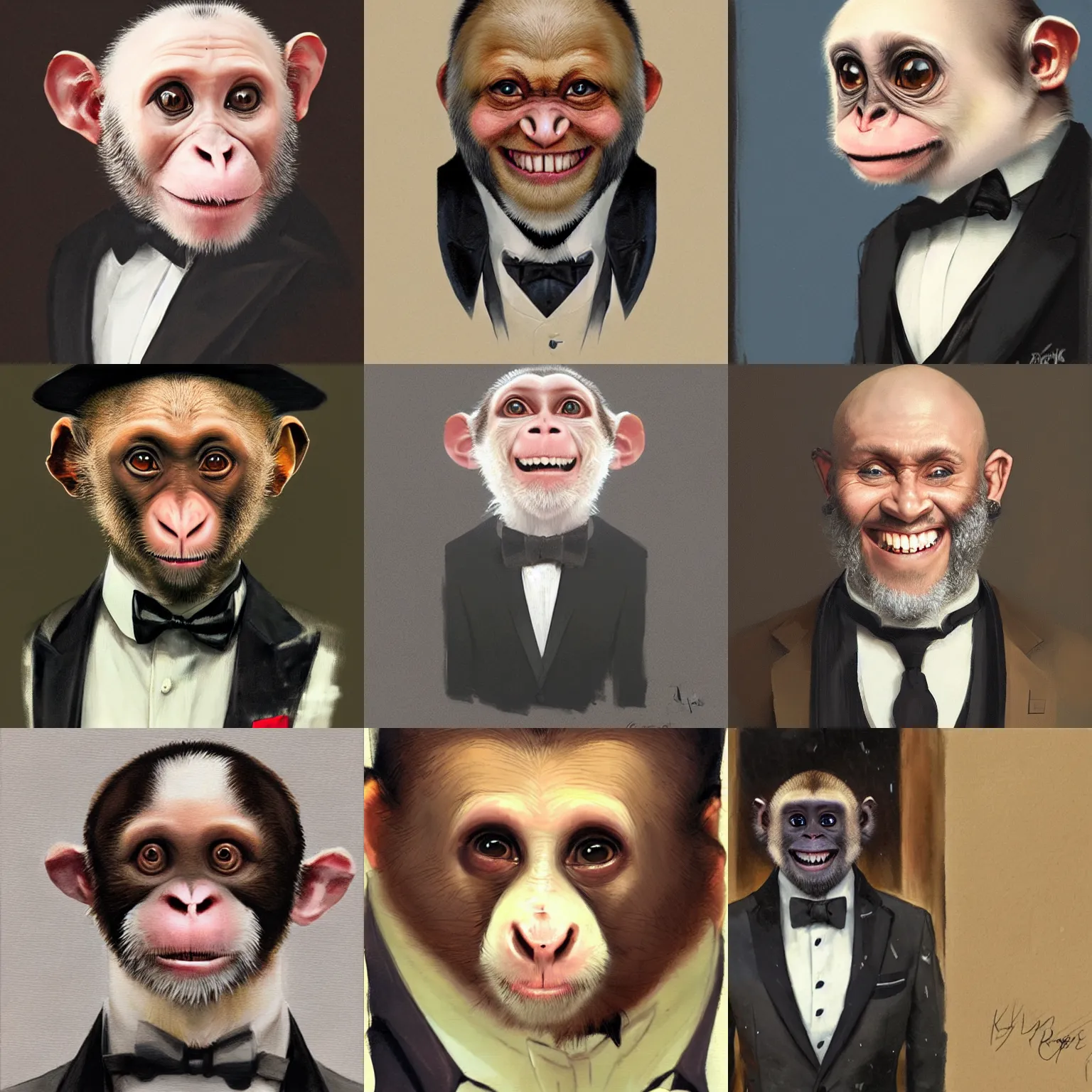 Prompt: a mugshot of a smiling capuchin in a tuxedo ,ultra realistic,art by greg rutkowski