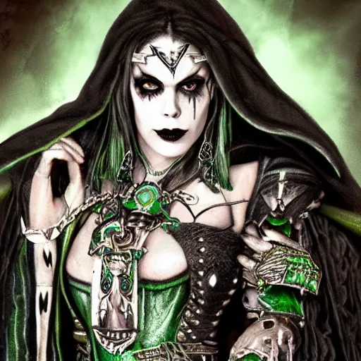 Image similar to close up portrait of fairuza balk as a high priestess necromancer in the style of chaos in warhammer 4 0 k, flowing robe, jewel encrusted chestplate, green black grey and white palette, lolth, dnd, character art