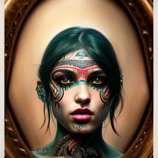 Image similar to ultra realistic portrait painting of a perfect beautiful woman green eyes black hair, neck tribal snake tattoo, painted by Tristan Eaton Stanley Artgerm and Tom Bagshaw