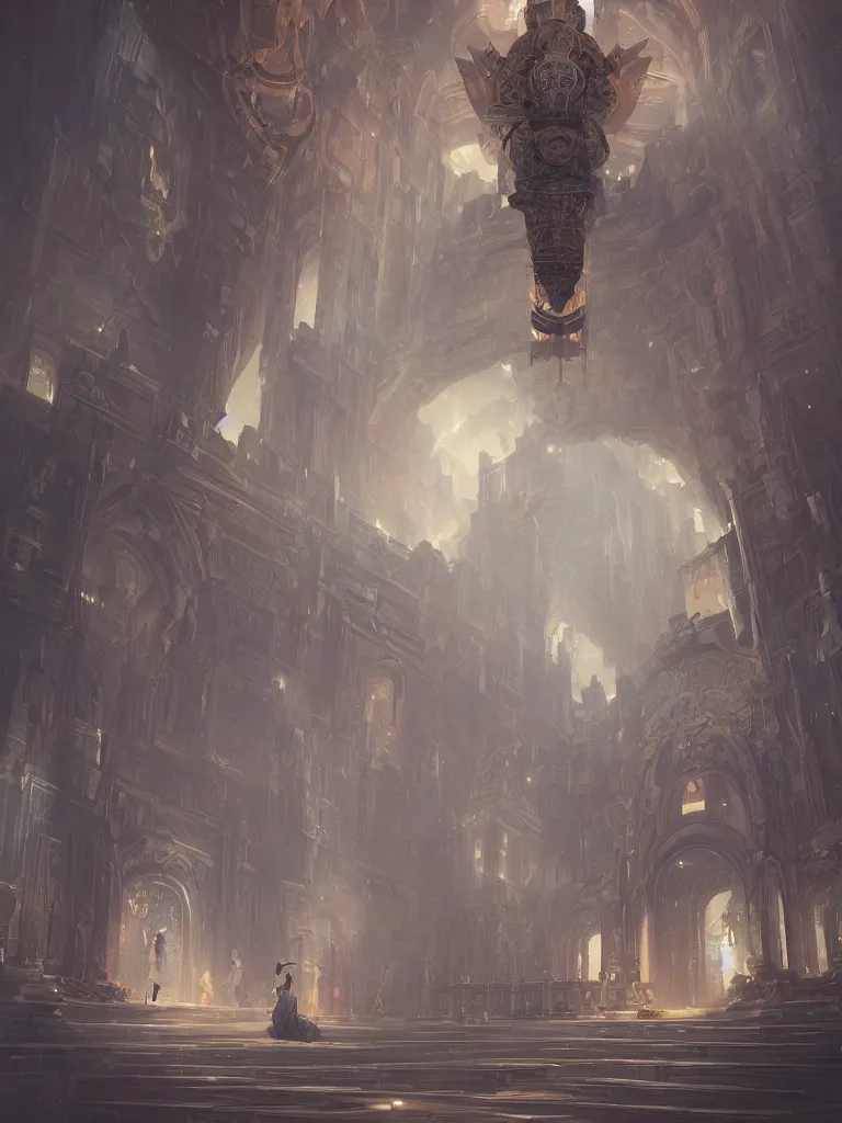 Image similar to a dream temple environment where one draws mystical energy into their heart, ancient ceremonial futuristic architecture, pristine concept art, symmetrical, in the style of Ross Tran and WLOP