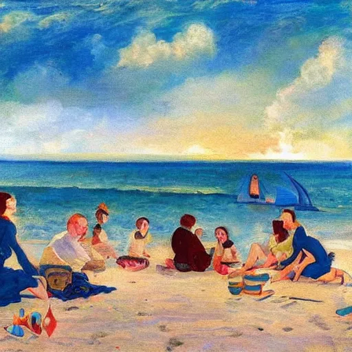 Prompt: A beautiful computer art of a group of people on a beach. The colors are muted and the overall tone is serene. The people are all engaged in different activities, from reading to playing games, and the artwork seems to be capturing a moment of peace and relaxation. by Max Pechstein beautiful