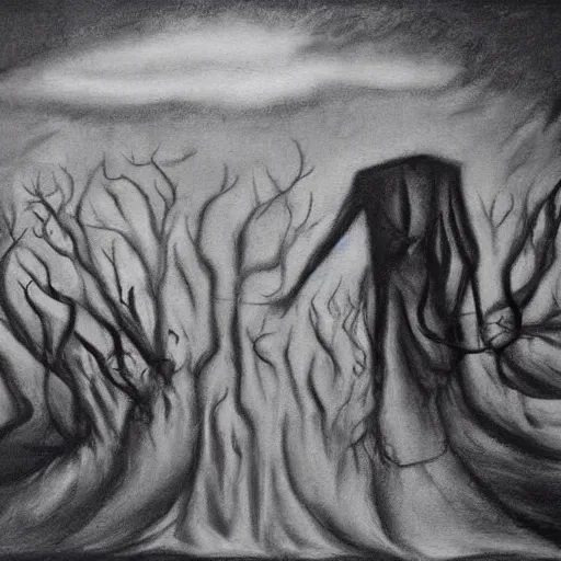 Image similar to surrealism charcoal painting of the end of the world., horror,