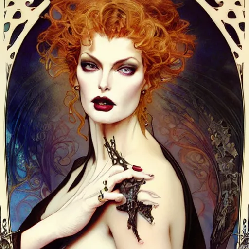 Prompt: realistic detailed face portrait of Linda Evangelista as a Gothic Wicked Queen by Alphonse Mucha, Ayami Kojima, Amano, Charlie Bowater, Karol Bak, Greg Hildebrandt, Jean Delville, and Mark Brooks, Art Nouveau, Neo-Gothic, gothic, rich deep moody colors