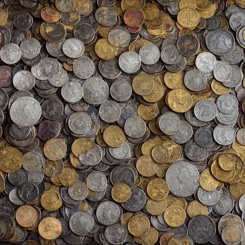 Prompt: a box of rare and valuable coins, various sizes, indoors, photograph