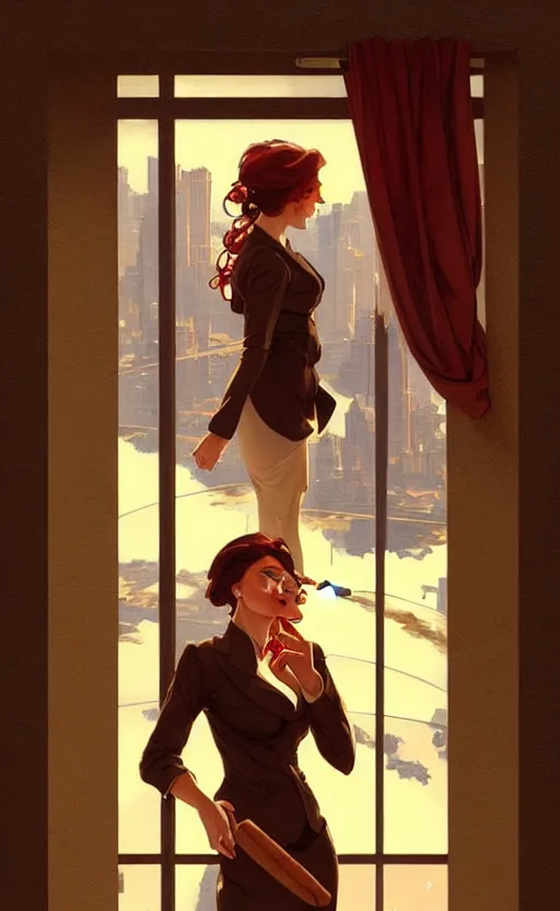 Image similar to Business woman smoking a cigar while she watches the city through a window, sci-fi, highly detailed, digital painting, artstation, concept art, smooth, sharp focus, illustration, art by artgerm and greg rutkowski and alphonse mucha