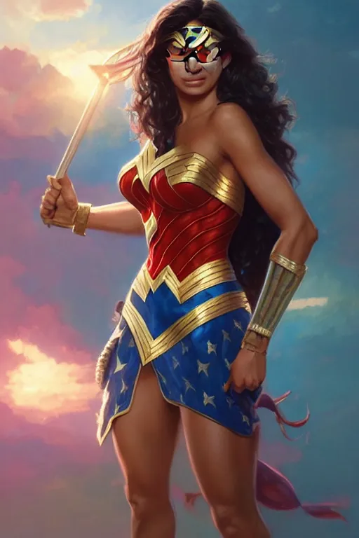 Image similar to mia khalifa as wonder women, portrait,, highly detailed, digital painting, artstation, concept art, smooth, sharp focus, illustration, cinematic lighting, art by artgerm and greg rutkowski and alphonse mucha