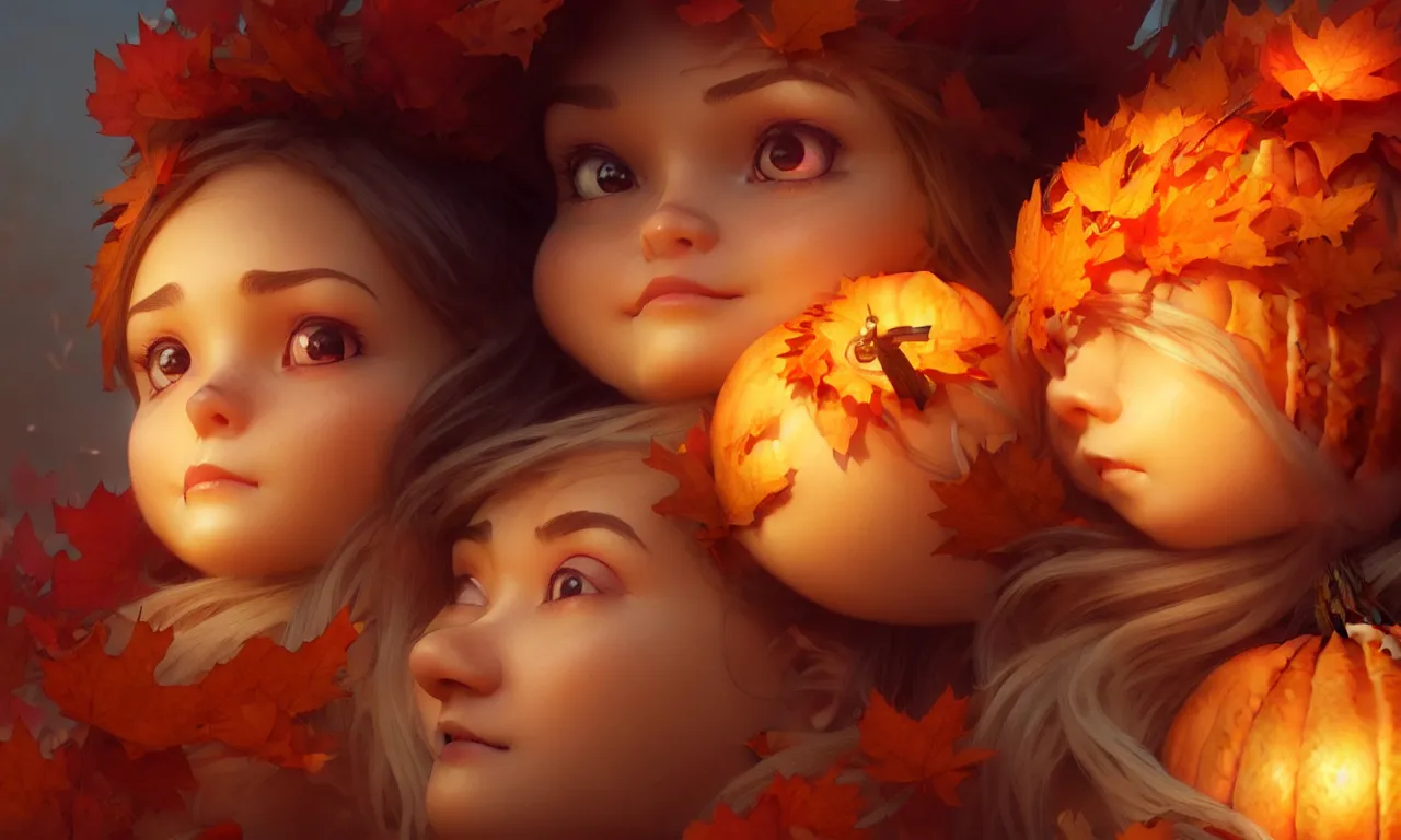 Image similar to hand drawn cute one gnomes face in autumn and pumpkin, detailed closeup face, concept art, low angle, high detail, warm lighting, volumetric, godrays, vivid, beautiful, trending on artstation, art by artgerm and greg rutkowski and alphonse mucha