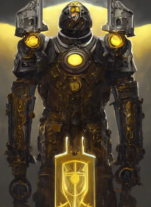 Prompt: dynamic attack position abstract portrait of a intricate glorious holy mechanical warforged character in yellow armor holding a paladin engraved great longsword drawn and carrying a big paladin shield, beam projector when eye is, face in focus, epic , trending on ArtStation, masterpiece, cinematic lighting, by Ross Tran and by Greg Rutkowski