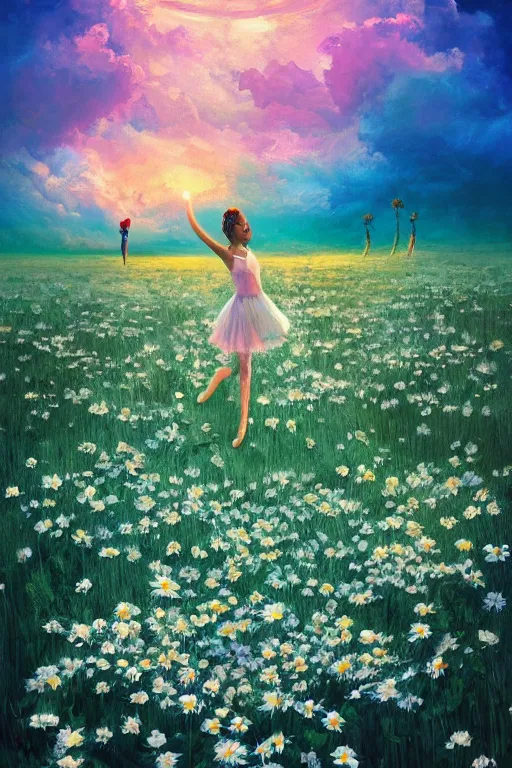Prompt: giant white daisies flower as head, girl ballet dancing in a flower field, surreal photography, sunrise, dramatic light, impressionist painting, colorful clouds, digital painting, artstation, simon stalenhag