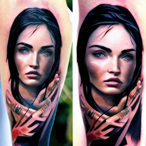 Image similar to hyper realism tattoo design of megan fox face double exposure effect with beautiful mountain scenery, in the style of matteo pasqualin, amazing detail, sharp, faded