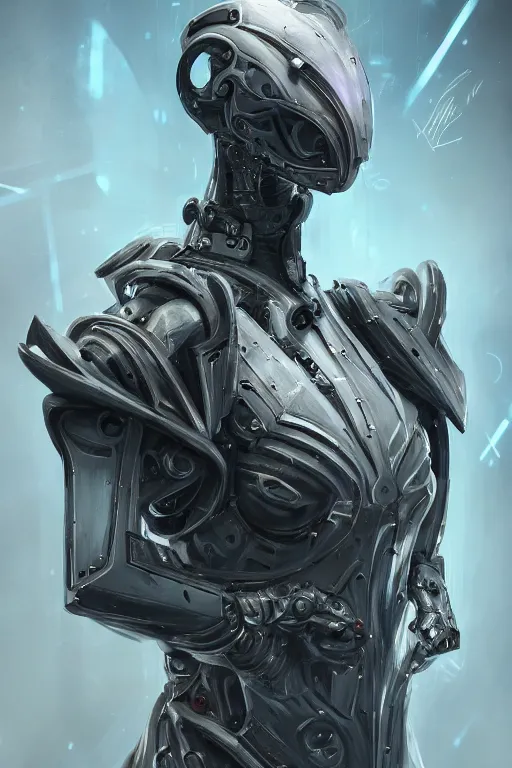 Prompt: detailed portrait of a cyborg, necromancer, warframe armor, benevolent, scifi, futuristic, elegant cape, perfect, glow, concept art, sharp focus, inside a space ship, trending on artstation, intricate, advanced technology, art by roman makarenko and simon almeida and marcos melco