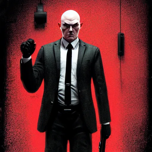 Image similar to agent 4 7 from hitman wearing headphones and listening to music in front of large stereo speakers surrounded by cables, black background, red rim light, highly detailed, smooth, sharp focus, art by cedric peyravernay