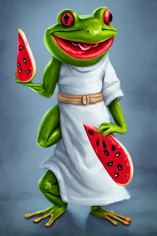 Prompt: cute anthropomorphic frog wearing a white butcher coat with a white butcher hat and holding a cleaver, cutting a wipe red watermellon, tiny, small, miniature frog, baby animal, short, pale blue armor, cute and adorable, pretty, beautiful, DnD character art portrait, matte fantasy painting, cgsociety Artstation, by Jason Felix by Steve Argyle by Tyler Jacobson by Peter Mohrbacher, cinematic lighting