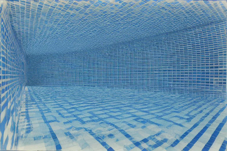 Image similar to underwater non - euclidean, geometric tiled swimming pool tunnels into infinity, cubic and right angles, cube portals, 1 9 6 0 s, color bleed, ektachrome photograph, volumetric lighting, f 8 aperture, cinematic eastman 5 3 8 4 film stanley kubrick