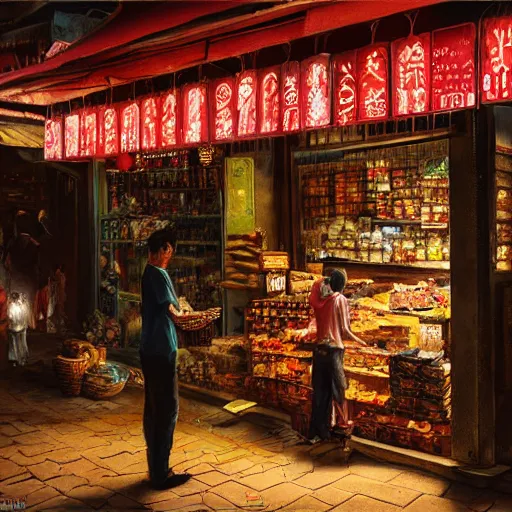 Image similar to a traditional provision shop in singapore at night, by greg rutkowski