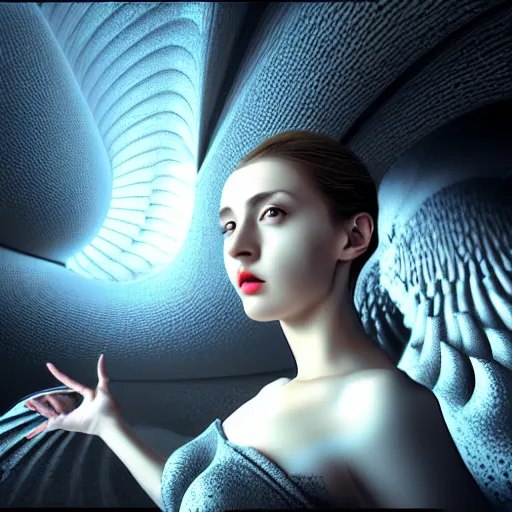 Image similar to hyperrealism photography computer simulation visualisation of parallel universe cgi european anime scene with beautiful highly detailed woman by caravaggio rendered in mandelbulb 4 d