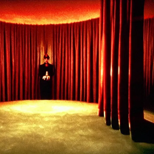 Image similar to the black lodge, Twin Peaks (1990), eerie surreal nightmare, david lynch, red curtains, ominous