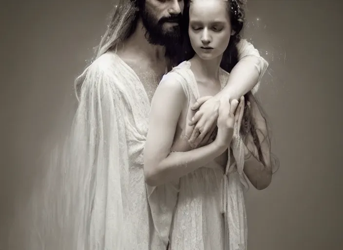 Image similar to couple, jesus hugging a woman, spirit hugs, in style of paolo roversi, britt marling style 3 / 4, a beautiful ethereal lace white robe, 8 k, soft focus, soft light, volumetric lighting, highly detailed realistic, refined, highly detailed, natural outdoor soft pastel lighting colors scheme