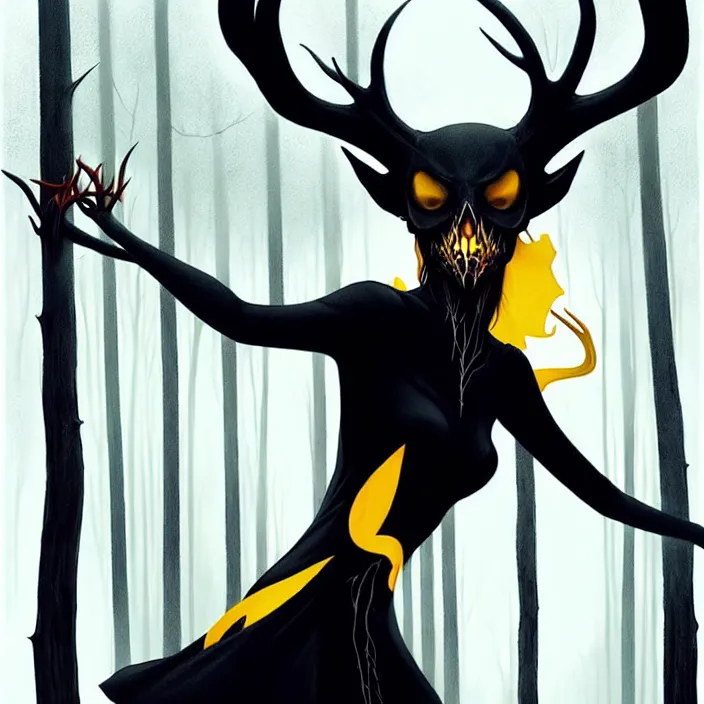 Image similar to style artgerm, joshua middleton, rafael albuquerque, peter mohrbacher : : scary wendigo with antlers and skull face mixed with werewolf : : [ [ beautiful female witch wearing a black dress, yellow eyes, symmetrical face, on the right side ] ] : : in the forest, detailed, dark and foggy, cinematic lighting