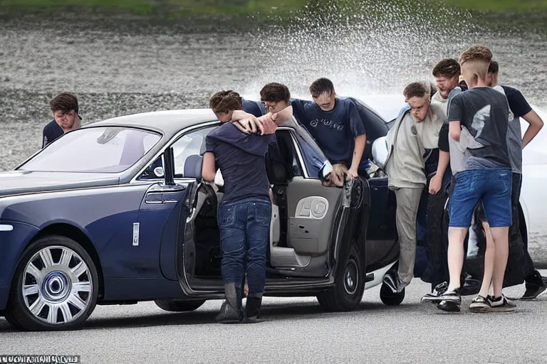 Prompt: A group of teenagers are behind a Rolls-Royce holding him by the boot and pushing him into a white lake from a small slide