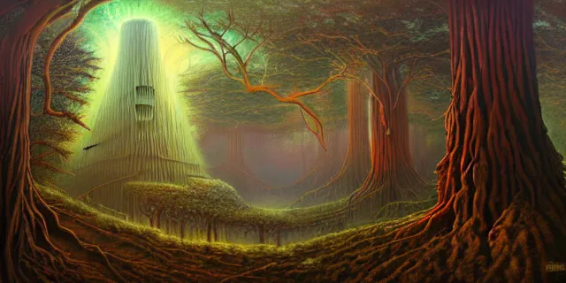 Prompt: painting of redwood tree and redstone labyrinth in the style of nebulapunk by dan seagrave and tomasz alen kopera