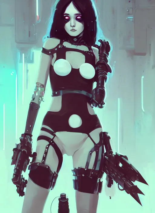 Image similar to portrait of cute goth girl in cyber bikini armor, warhammer, cyberpunk, by atey ghailan, by greg rutkowski, by greg tocchini, by james gilleard, by joe fenton, by kaethe butcher, by gustav klimt, dynamic lighting, gradient light blue, brown, blonde cream and white color in scheme, grunge aesthetic