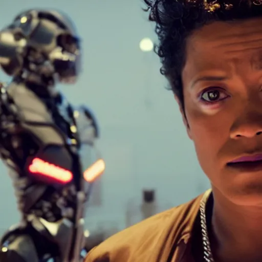 Prompt: movie still of bruno mars cyborg, cinematic composition, cinematic light, criterion collection, by edgar wright