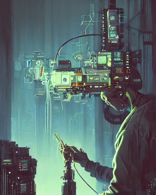 Image similar to a painting of a man holding a machine in his hands, cyberpunk art by les edwards and by michael whelan and by dan mumford, cgsociety, neoplasticism, lovecraftian, future tech, circuitry