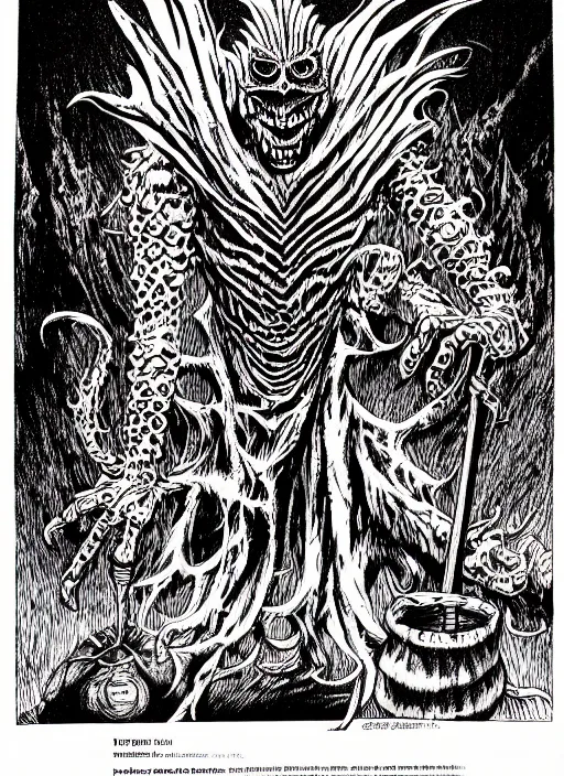 Image similar to the ghost beetlejuice, as a d & d monster, full body, pen - and - ink illustration, etching, by russ nicholson, david a trampier, larry elmore, 1 9 8 1, hq scan, intricate details, inside stylized border