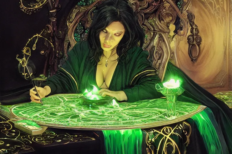 Image similar to a beautiful sorceress wearing a black robe with gold embroidery, sitting at table, casting a spell, green glows, painted by donato giancola, in the style of magic the gathering, perfect face, highly detailed digital art