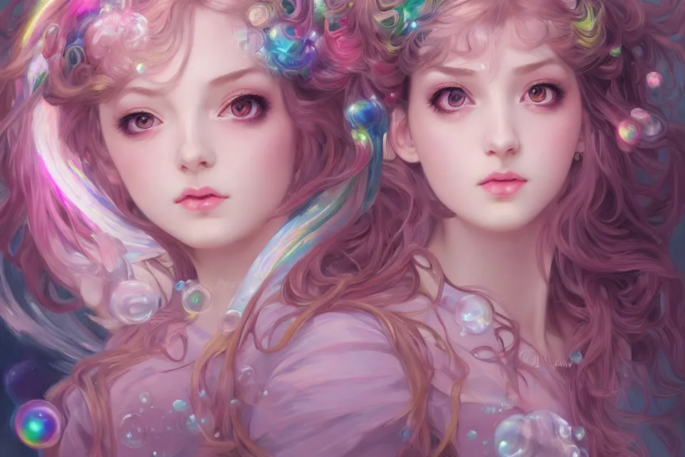 Image similar to dream portrait of magical lolita girl, dreamy and ethereal, expressive pose, big pink eyes, exciting expression, fantasy, intricate, elegant, many rainbow bubbles, rose tones, highly detailed, digital painting, artstation, concept art,cyberpunk wearing, smooth, sharp focus, illustration, art by artgerm and greg rutkowskiand alphonse mucha,Salvador Dali.