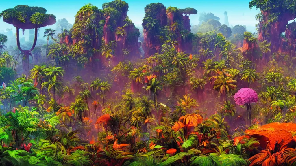 Prompt: first person perspective digital illustration of a vibrant jungle landscape with colorful flora and fauna by industrial light and magic:1|wide angle panoramic by beeple and Roger Dean, viewed from eye level:0.9|fantasy, cinematic:0.9|Unreal Engine, Octane, finalRender, devfiantArt, artstation, artstation HQ, behance, HD, 16k resolution:0.8