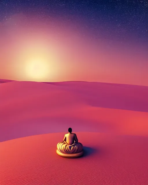 Prompt: the most beautiful sunset, giant pink full moon, a sky full of stars aticama desert chile, a buddha with a golden dorje above his head, coherent design, symmetrical, concept art, vivid color, complementary color, golden ratio, detailed, sharp lines, intricate, rainbowshift, by mc escher, octane render