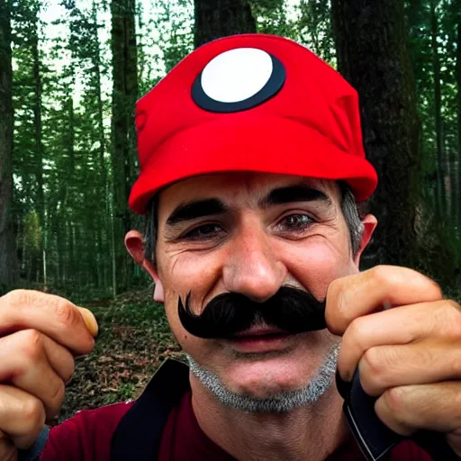 Prompt: italian man with a mustache dressed as mario wearing a solid red mario hat crying tears of joy hugging a fly agaric, in a forest, photography