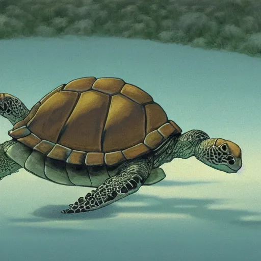 Image similar to portrait of an excited turtle with a long neck, hayao miyazaki, anime