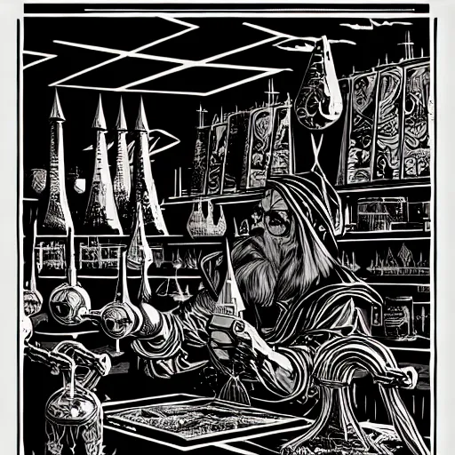 Image similar to ancient alchemist wizards laboratory, high details, lineart, by vincent di fate, inking, 3 color screen print, masterpiece, trending on artstation, sharp, high contrast, hyper - detailed, hd, 4 k, 8 k