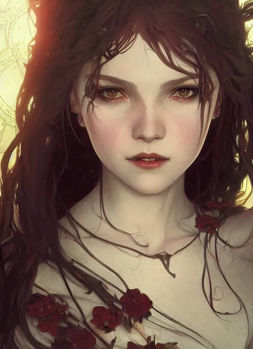 Image similar to a beautiful cute young vampire girl, D&D, fantasy, intricate, cinematic lighting, highly detailed, digital painting, artstation, concept art, smooth, sharp focus, illustration, art by Terry Moore and Greg Rutkowski and Alphonse Mucha