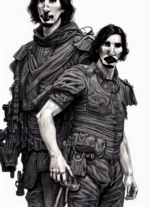 Image similar to a portrait of john oliver standing next to adam driver, stoic, full body, military uniform, fantasy, intricate, elegant, beautiful, highly detailed, charcoal, centered, dark, smokey, digital painting, artstation, concept art, smooth, sharp focus, illustration, art by artgerm and greg rutkowski and alphonse mucha