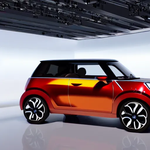 Image similar to high quality photo of new honda e mini concept car in showroom, cinematic lighting ,unreal engine, low DoF,