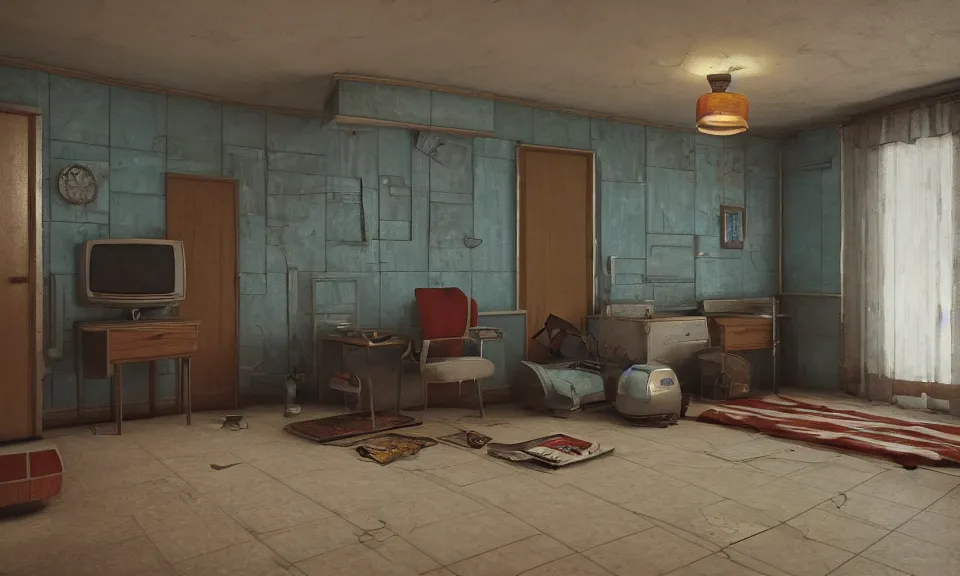 Image similar to artstation scifi scene of a shabby american room in 1 9 7 0 s, shabby room, old tv, tile floor, cabinets, cot, paneled walls, unreal engine 5, hyper realism, realistic shading, cinematic composition, blender render, octane render, hdr, detailed textures, photorealistic, wide shot