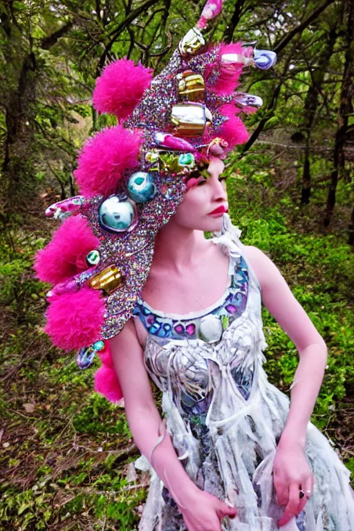 Prompt: ornate cyber avant garde headpiece, spring ritual floral dress, teen girl esoteric fantastical fashion zine