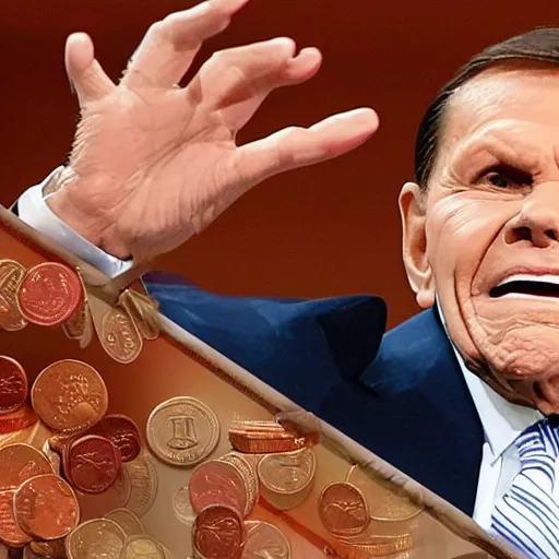 Prompt: kenneth copeland showering in money and coins while performing in church